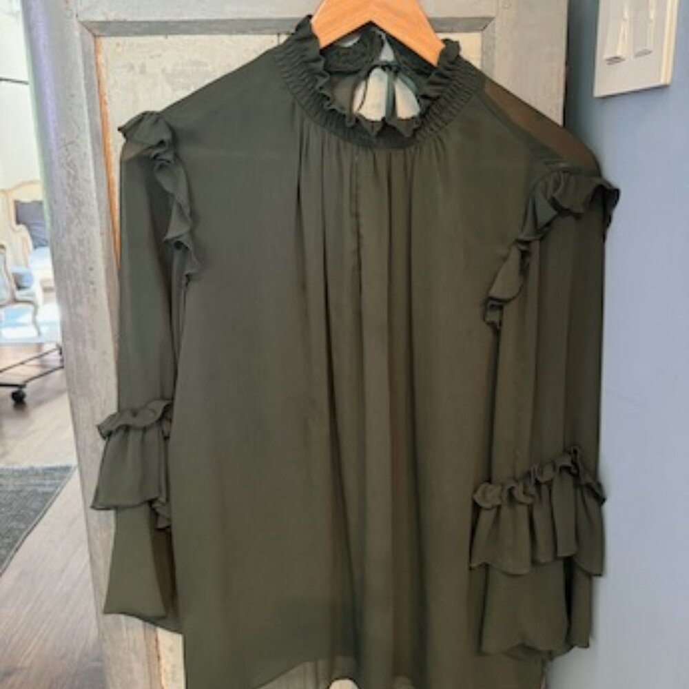 Dark Green Feminine Long Sleeve Top With Ruffles